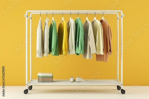 a white rack with clothes hanging on it in front of a yellow wall
