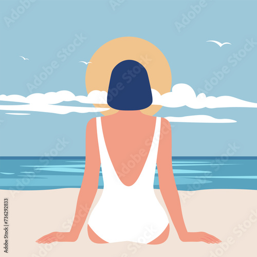 An Asian woman sits alone on a sandy beach, enjoying the view of the sea. View from the back. Summer vacation at southern resorts. Vector flat illustration