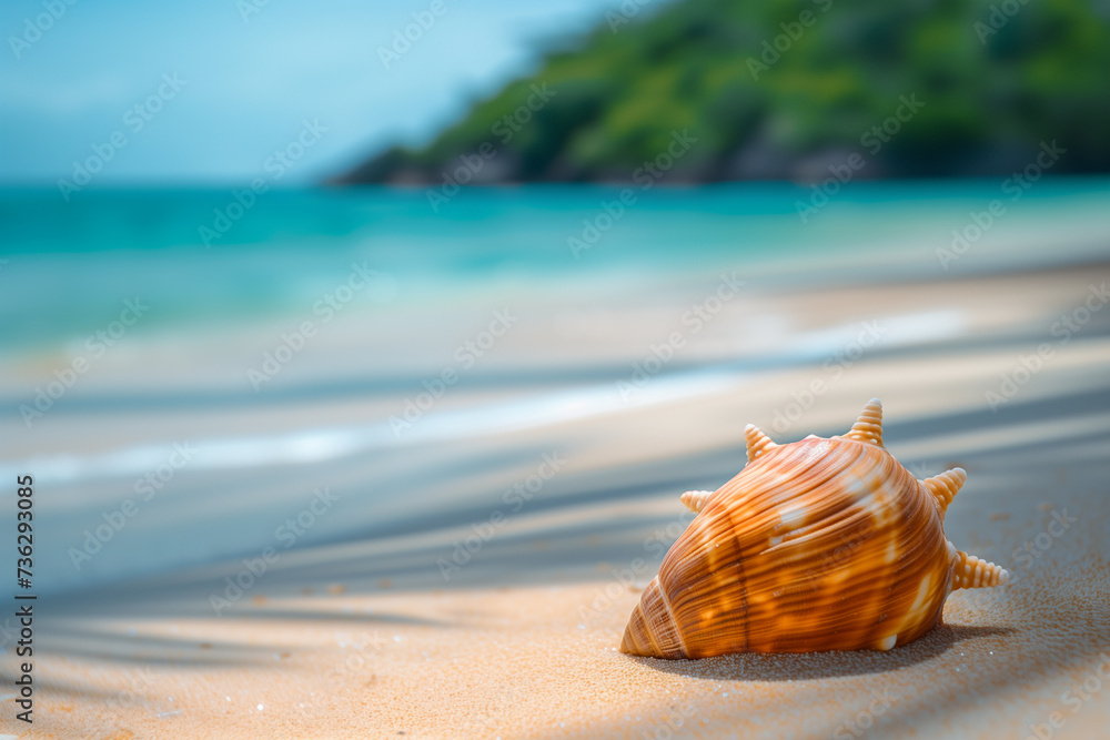 Tropical beach shell scene with a blurred ocean background Tropical beach shell scene with a blurred ocean background