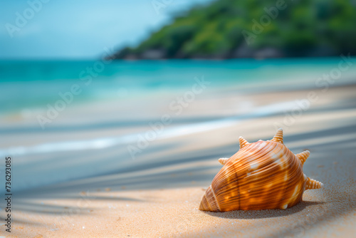Tropical beach shell scene with a blurred ocean background