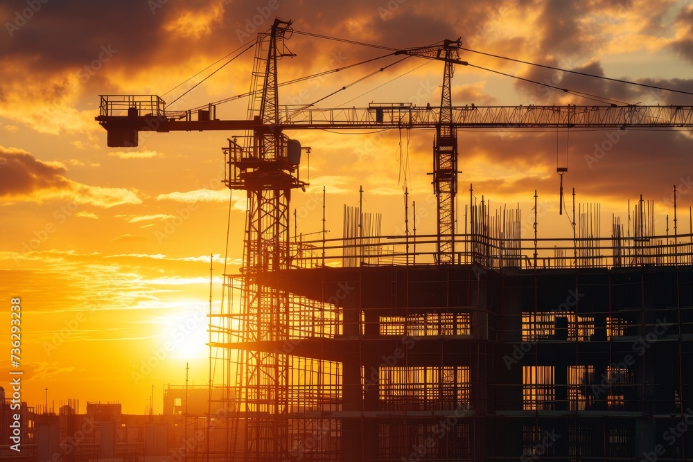 Sunset over a construction site where steel beams are used to construct large residential buildings