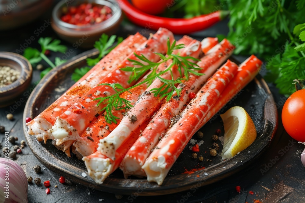 Rustic style seafood delicacies with spiced crab sticks on a plate salad cooking Rustic style seafood delicacies with spiced crab sticks on a plate salad cooking