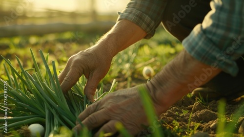 The image captures a close-up view of a farmer's hands as they carefully tend to green plants in a field, with the golden light of the setting sun illuminating the scene and highlighting the details o