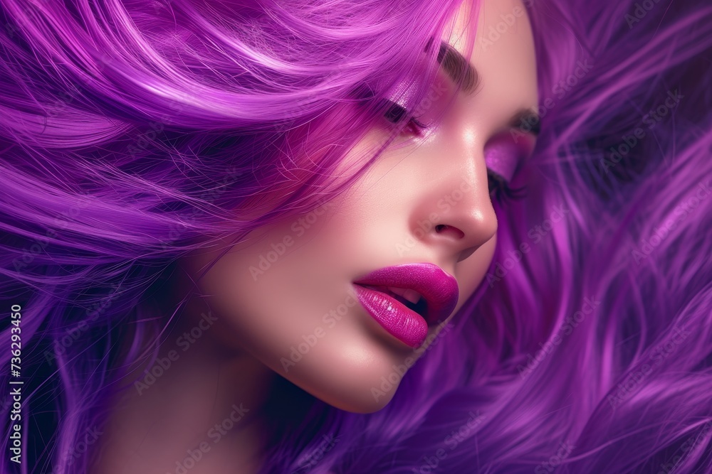 Purple haired woman with vibrant hair striking lips and wind blown allure