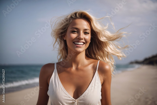 Young blonde woman smiling and joyful walking on the beach, female excited and filled with happiness enjoying her travel. Freedom, carefree, wellness, motivation, optimism, success, healthy lifestyle