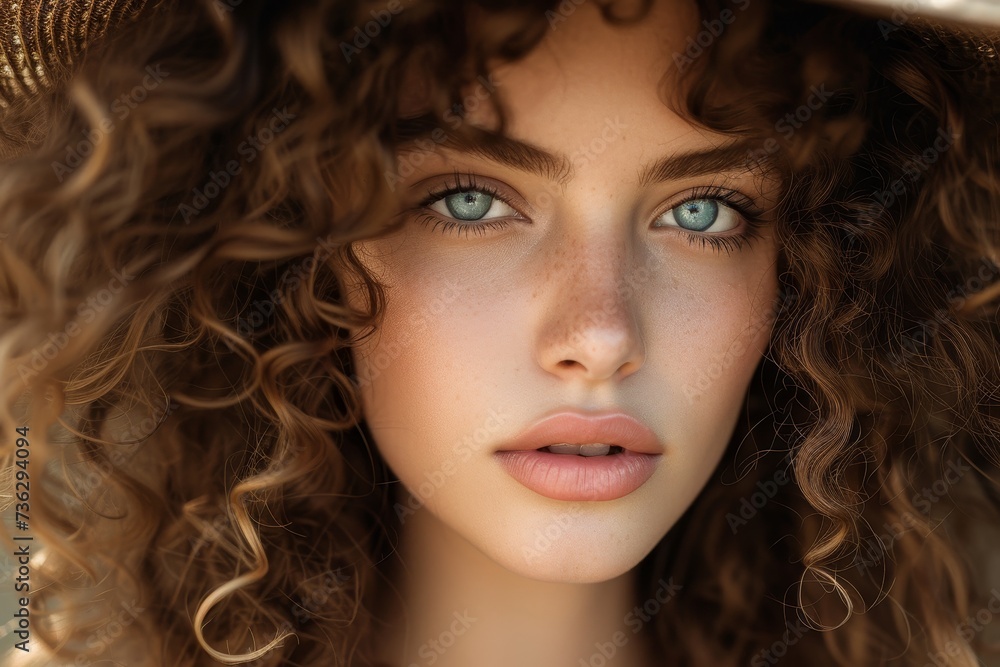 Portrait of a stunning woman model with curly hair up close Portrait of a stunning woman model with curly hair up close