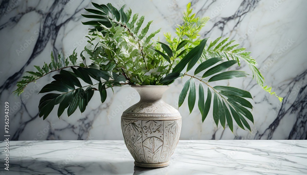 an ornate vase and lush foliage gracefully displayed on a gleaming white marble tabletop, complemented by a seamless white marble background, vase with flowers