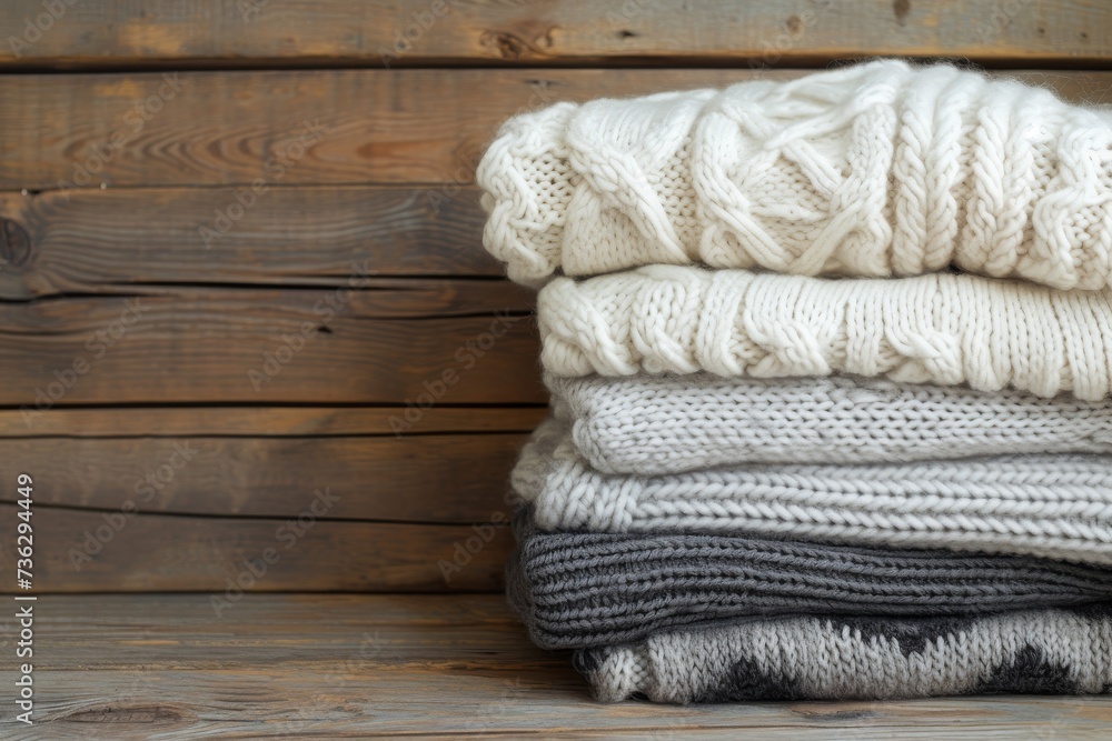White and gray knitted sweaters on wooden background