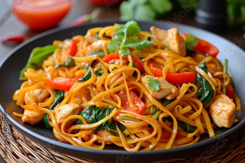 Thai homemade stir fried noodles with chicken and veggies