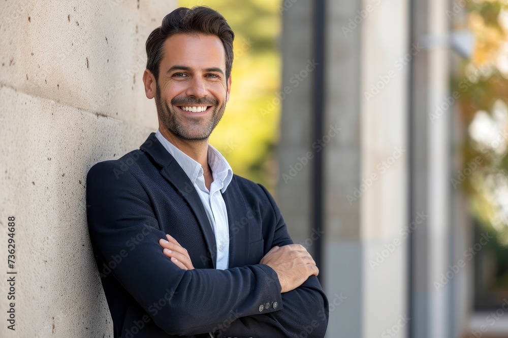 Smiling businessperson outdoors arms crossed leaning on wall Smiling businessperson outdoors arms crossed leaning on wall