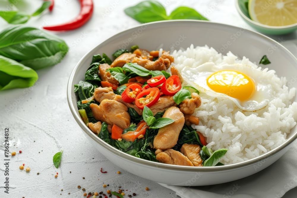 Thai style stir fried basil chicken with fried egg and rice in bowl captured from a top view on a white table