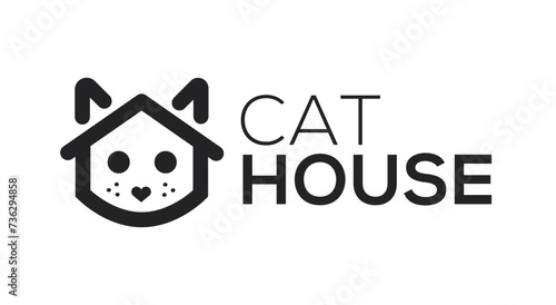 Logo d'un chat en forme de maison. Société pour adoption chat, garderie animaux.