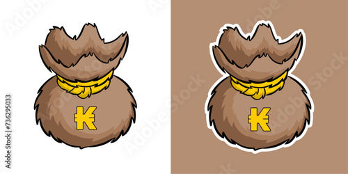 Logo poche en cuir d'argent kamas Dofus. Illustration cartoon doodle. photo