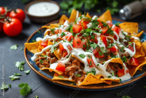 Scrumptious tortilla nachos with cheese sauce and dressing