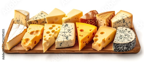Several different types of cheese kept on plate with a white backdrop with space, Generative AI.