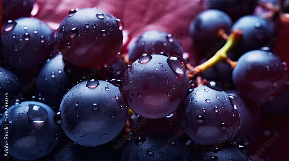 Macro photography, which captures the bright texture and drops of water on ripe juicy berries of dark grapes on a colored background of deep crystal glass Macro photography, which captures the bright texture and drops of water on ripe juicy berries of dark grapes on a colored background of deep crystal glass