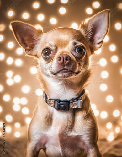 Chihuahua puppy portrait agains sparkly bokeh backgroung.