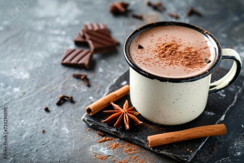 Spicy hot chocolate with cinnamon in enamel mug on slate background