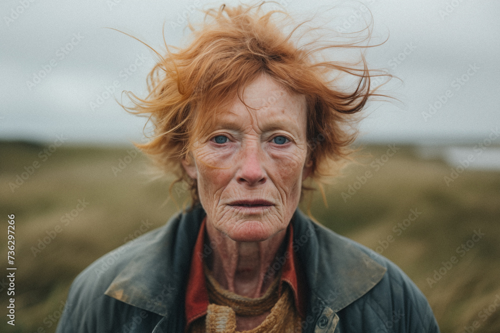 Portrait photo of 70 y.o woman outdoor. Ai generated picture at a seaside with long grass and sunset lighting. Portrait photo of 70 y.o woman outdoor. Ai generated picture at a seaside with long grass and sunset lighting.