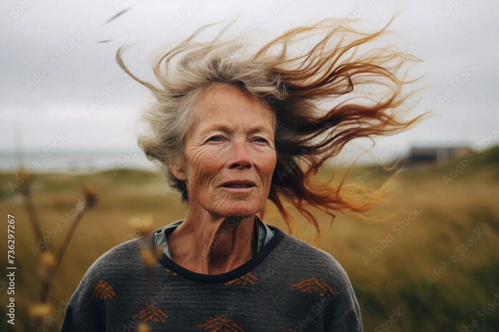 Portrait photo of 70 y.o woman outdoor. Ai generated picture at a seaside with long grass and sunset lighting. Portrait photo of 70 y.o woman outdoor. Ai generated picture at a seaside with long grass and sunset lighting.