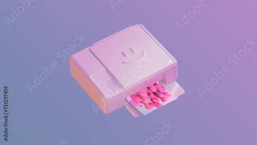 A cheerful funny printer with a white smiley face prints a beautiful picture. Isometric object. Pink and blue background with copyspace. 3d render, 3d illustration.