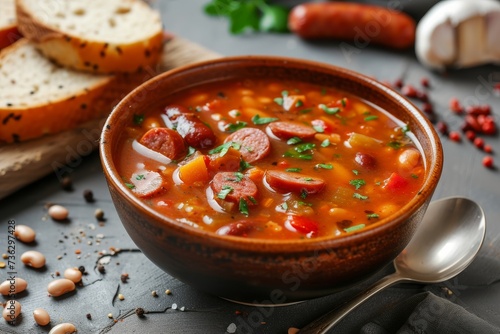 Tomato and bean soup with sausages served on a table