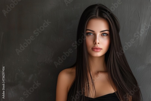 Portrait of a stunning brunette with straight hair at grey backdrop