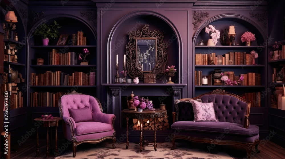 The background of the bookcases is in Grapevine color. The background of the bookcases is in Grapevine color.
