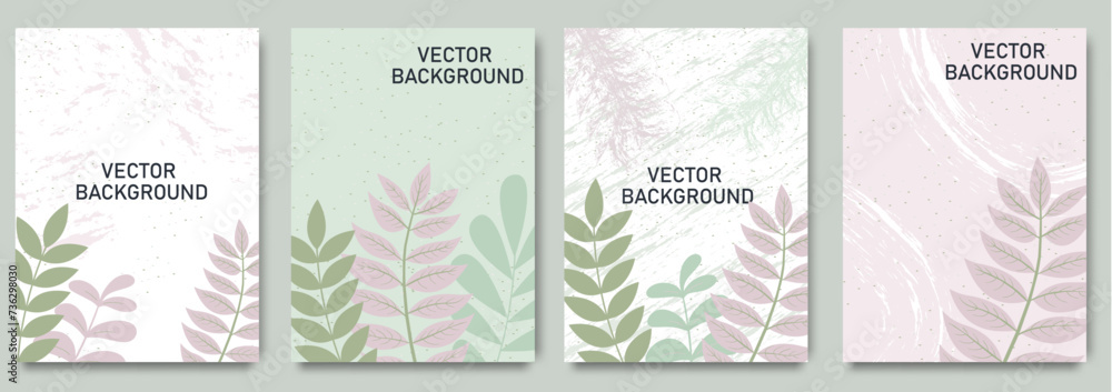 Neutral backgrounds  floral elements with brush texture in pastel colors. Editable vector template for wedding, invitation, social media post, card, cover, poster, mobile apps, web ads