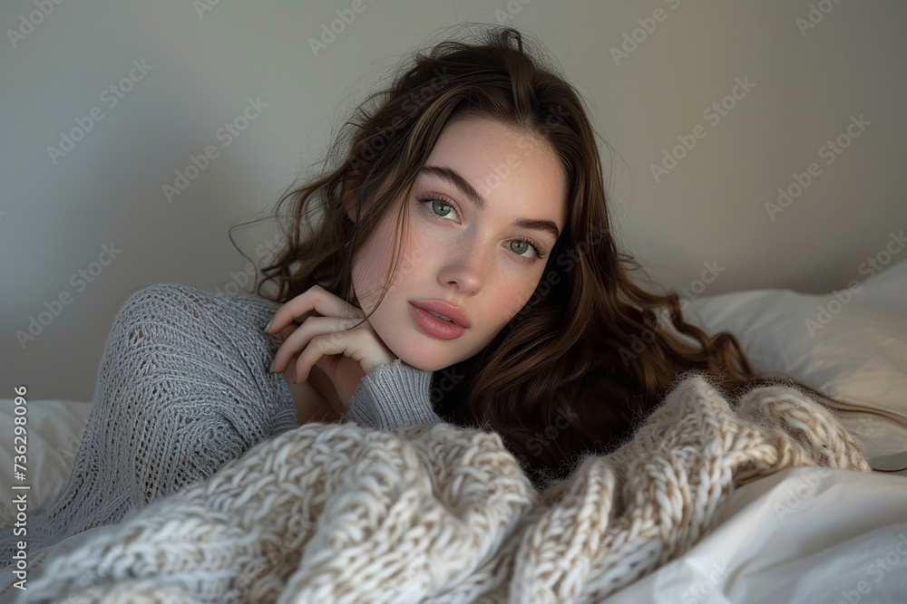 A beautiful woman lying down in a bedroom A beautiful woman lying down in a bedroom