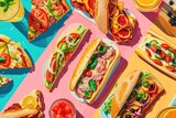 Bold, graphic illustrations of sandwiches, pizzas, and cocktails with vibrant colors and exaggerated outlines.