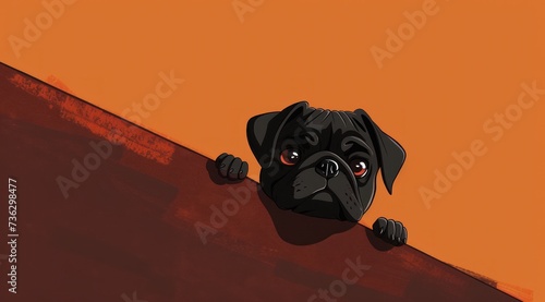 La tête d'un chien de race bouledogue français sur un fond orange uni, image avec espace pour texte.