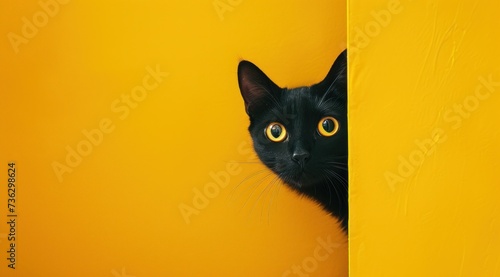 La tête d'un chat noir sur un fond jaune uni, image avec espace pour texte. photo