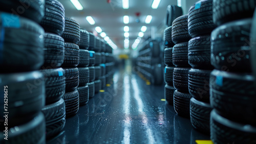 Close-up of rubber tire stacks at white modern car service center,generative ai photo