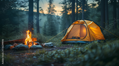 photo of a camping tent and campfire in the wild