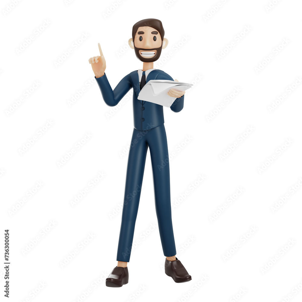high-quality 3D illustration of a businessman character suitable for use on websites, apps, or similar purposes. The illustration features a handsome man in a dark blue suit.