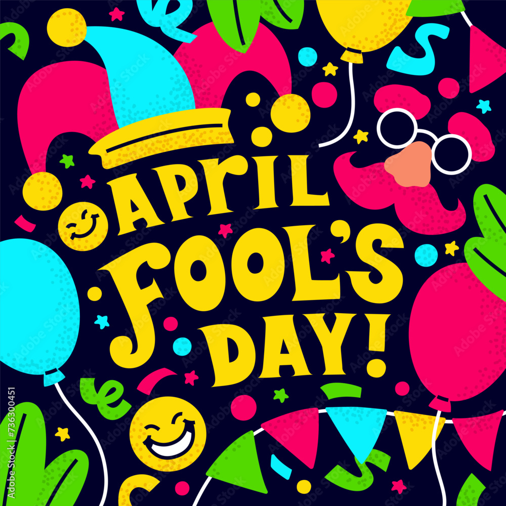 April Fools Day banner with hand drawn decorative lettering, laughing cartoon faces and jester hat. April Fools Day banner with hand drawn decorative lettering, laughing cartoon faces and jester hat.