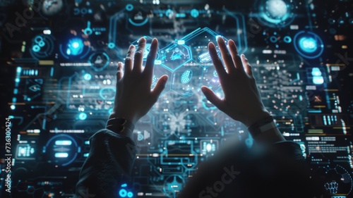 Hands interacting with holographic controls in a futuristic user interface, illustrating the intuitive nature of holographic technology