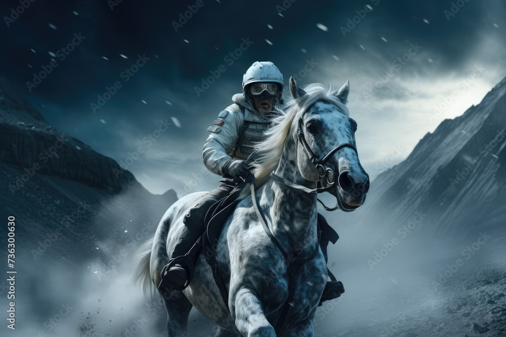 Fototapeta premium a astronaut is riding on a horse on the moon surface