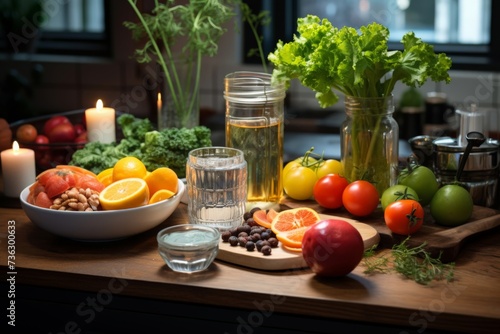 Healthy new year resolutions. Healthy Eating Lifestyle with Fresh Fruits and Supplements. A kitchen with glass of water  fresh fruits  vegetables  and a selection of dietary supplements.