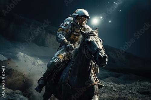  a astronaut is riding on a horse on the moon surface