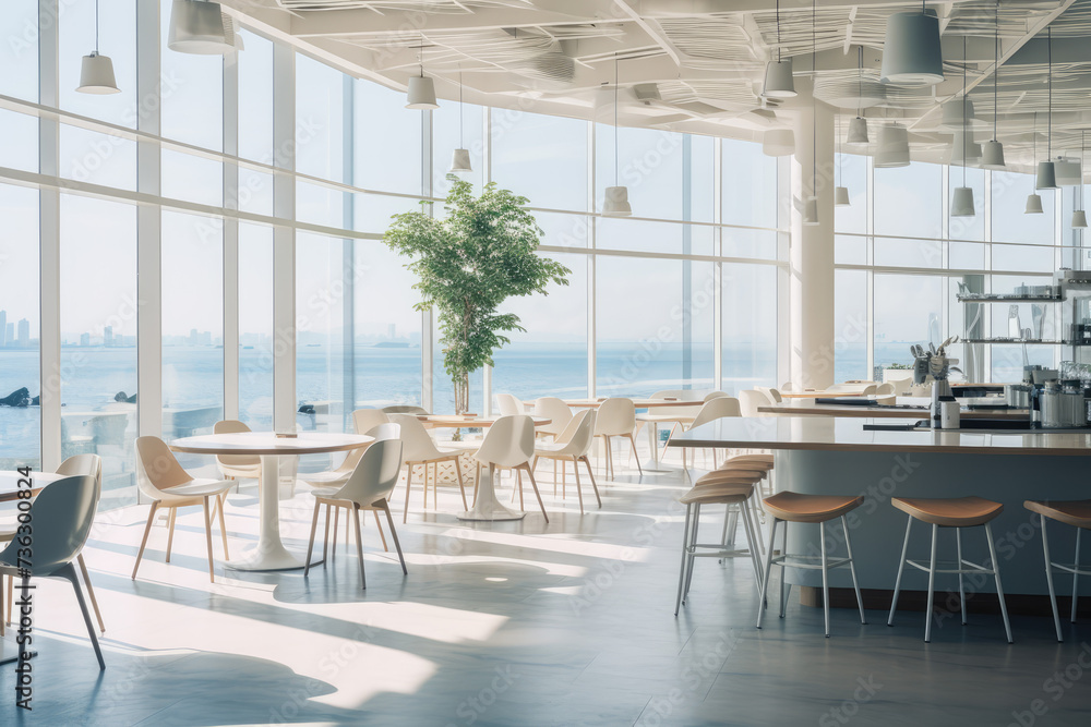 
a modern cafe interior design, with wide windows, sea view