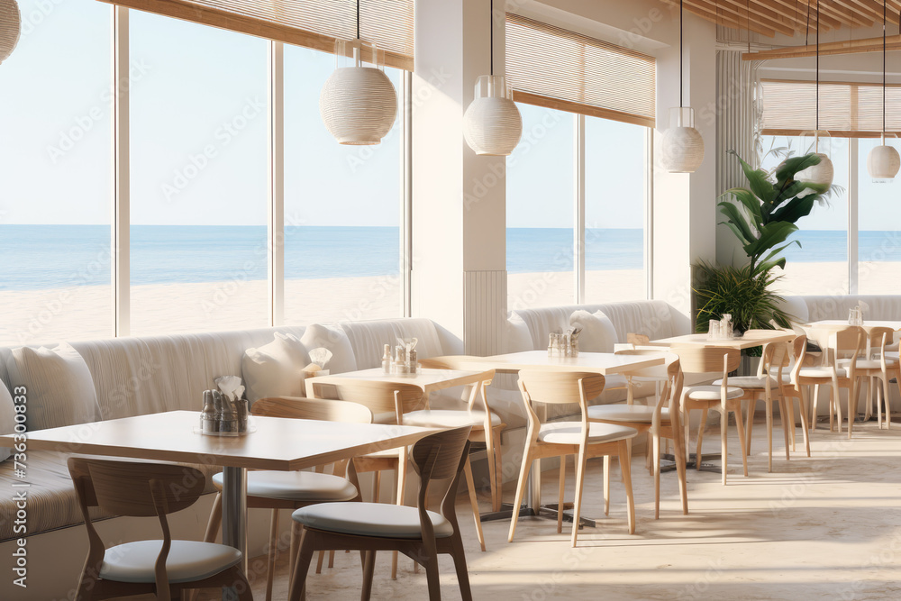 
a modern cafe interior design, with wide windows, sea view