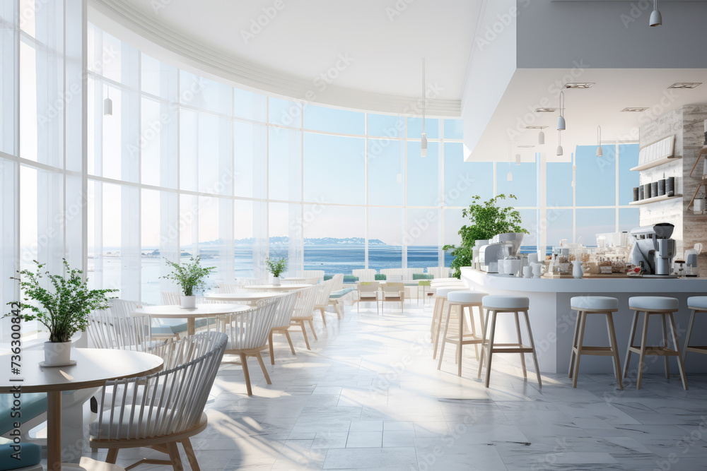 Fototapeta premium a modern cafe interior design, with wide windows, sea view
