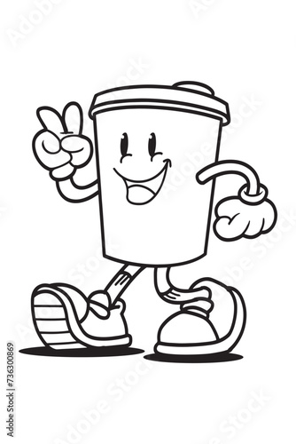 illustration vector graphic of retro cartoon coffee mascot with outline style perfect for coloring page