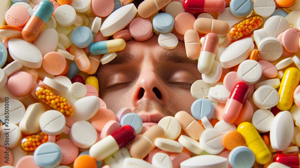 mans face in the pool of different pills, overprescription of antibiotics or opioid crisis concept - obrazy, fototapety, plakaty 