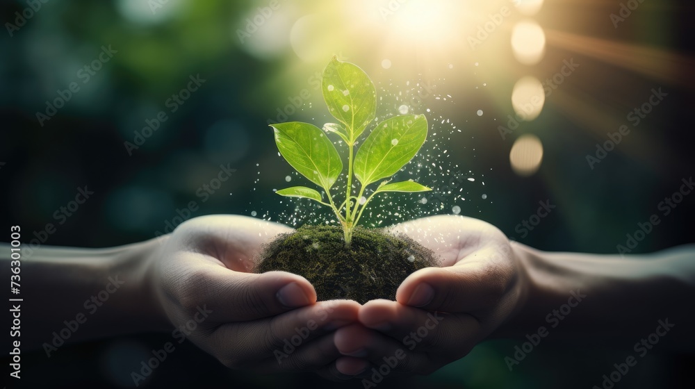Business sustainability concept, hand holding green plant with icons for green environmental technology concept, AI generated, space for text Business sustainability concept, hand holding green plant with icons for green environmental technology concept, AI generated, space for text