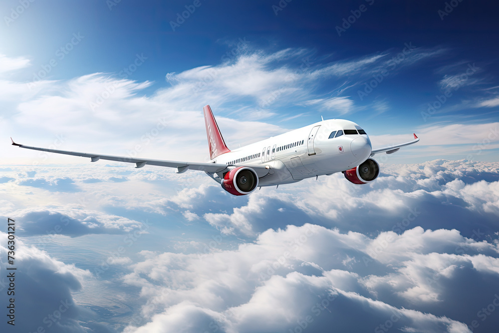 Obraz premium commercial airplane flying through the clouds in the sky as wide banner poster