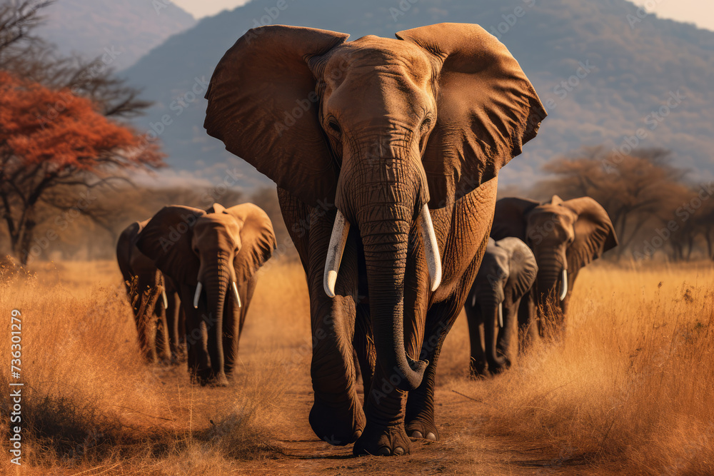 Obraz premium group of elephants walking on the dry grass in the wilderness