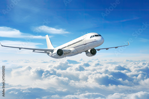commercial airplane flying through the clouds in the sky as wide banner poster